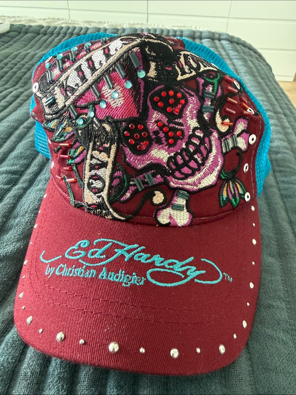 Ed Hardy Burgundy & Turquoise Skull Embroidered Mesh Cap